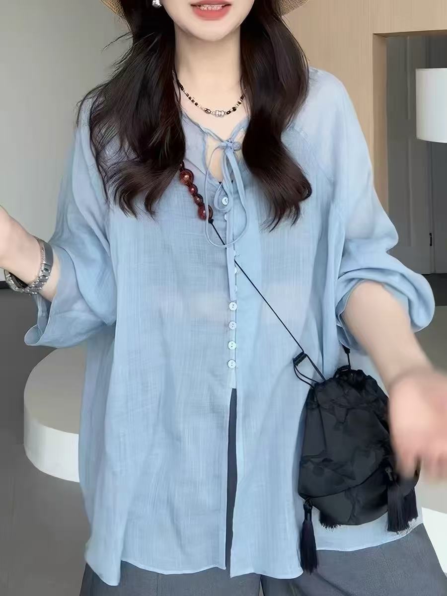 파란색 레이스업 주간 실크 아마 태양 보호 셔츠 셔츠 여성 코트 여름 루즈핏 얇은 스타일 마이크로 ~을 통해 라미 긴팔 맨위