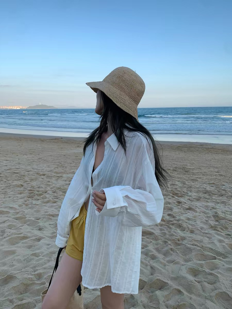 pusumede 조 자매 같은 단락 스트라이프 긴팔 여성 셔츠 마이크로 ~을 통해 자외선 차단 셔츠 질감 느긋한 품격 맨위