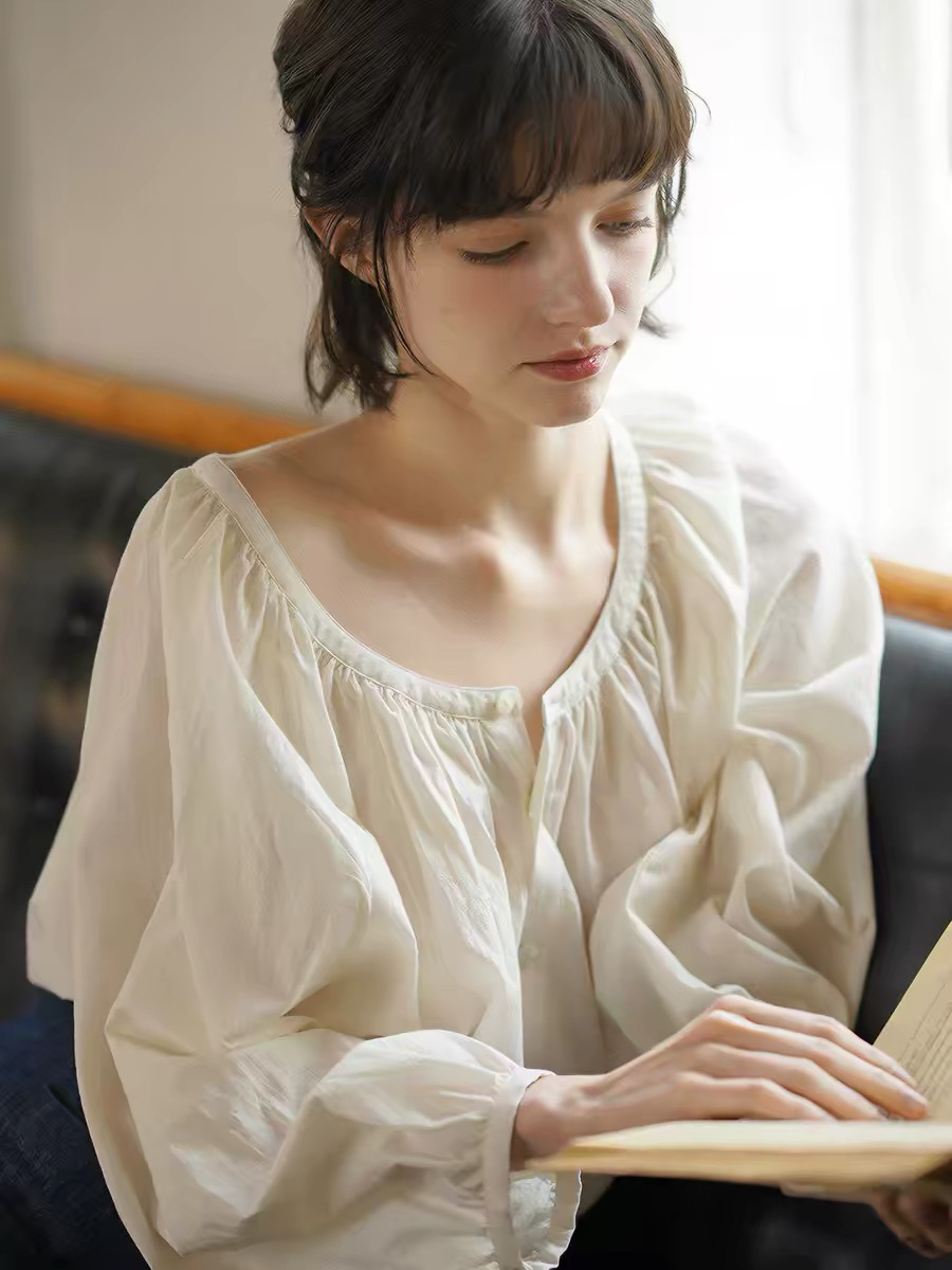 북섬 amuu 일본식 주름 디자인 센스 얇은 스타일 프로 피부 태양 보호 셔츠 여름 라운드 넥 벌룬 소매 맨위 여성