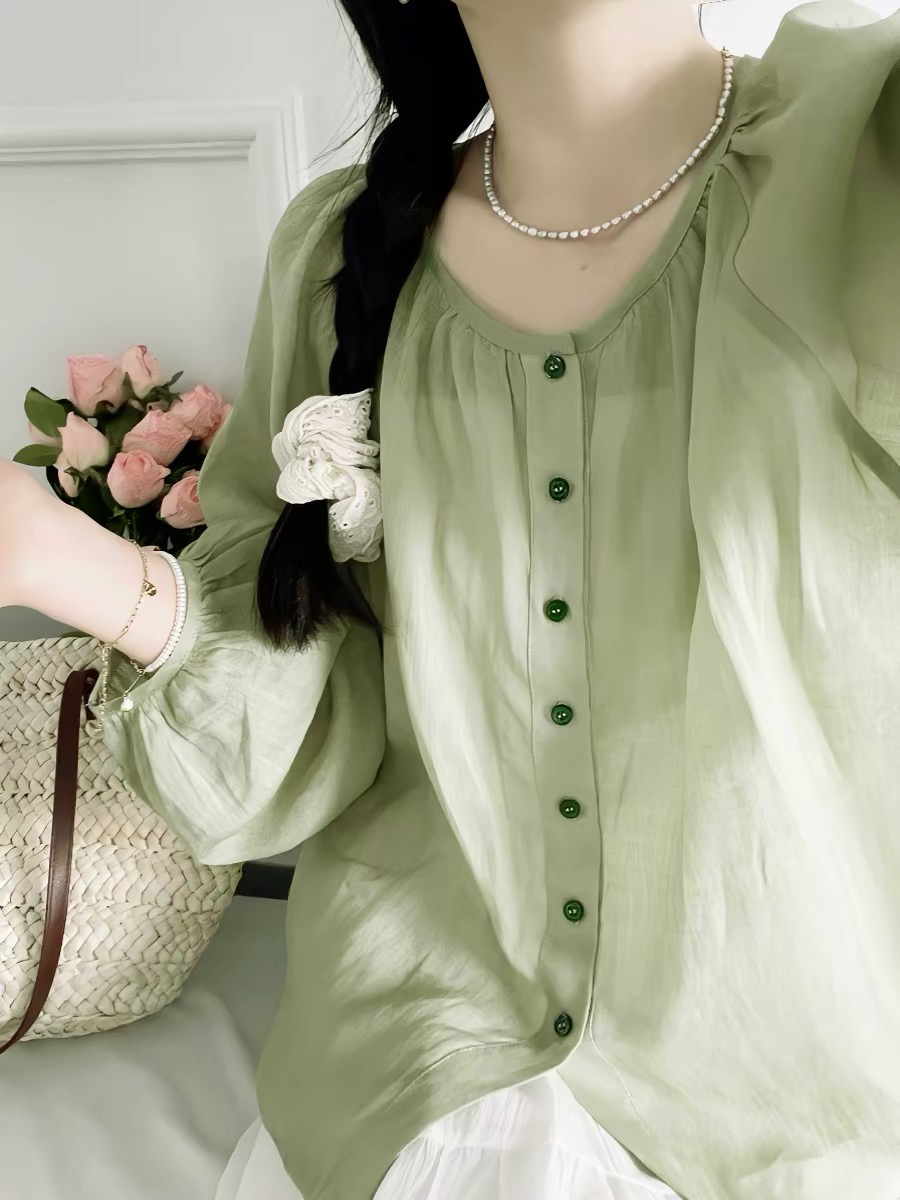 주간 실크 면 린넨 벌룬 소매 여성 셔츠 2024 여름 새로운 루즈핏 연령 감소 캐주얼 슬림해 보이는 얇고 가벼운 자외선 차단 맨위