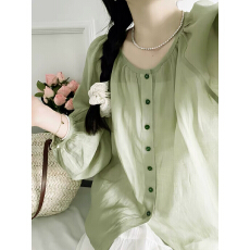 批发天丝棉麻<b class='q'>灯笼袖</b><b class='q'>衬衫</b>女2024夏季新款宽松减龄休闲显瘦轻薄防晒上衣