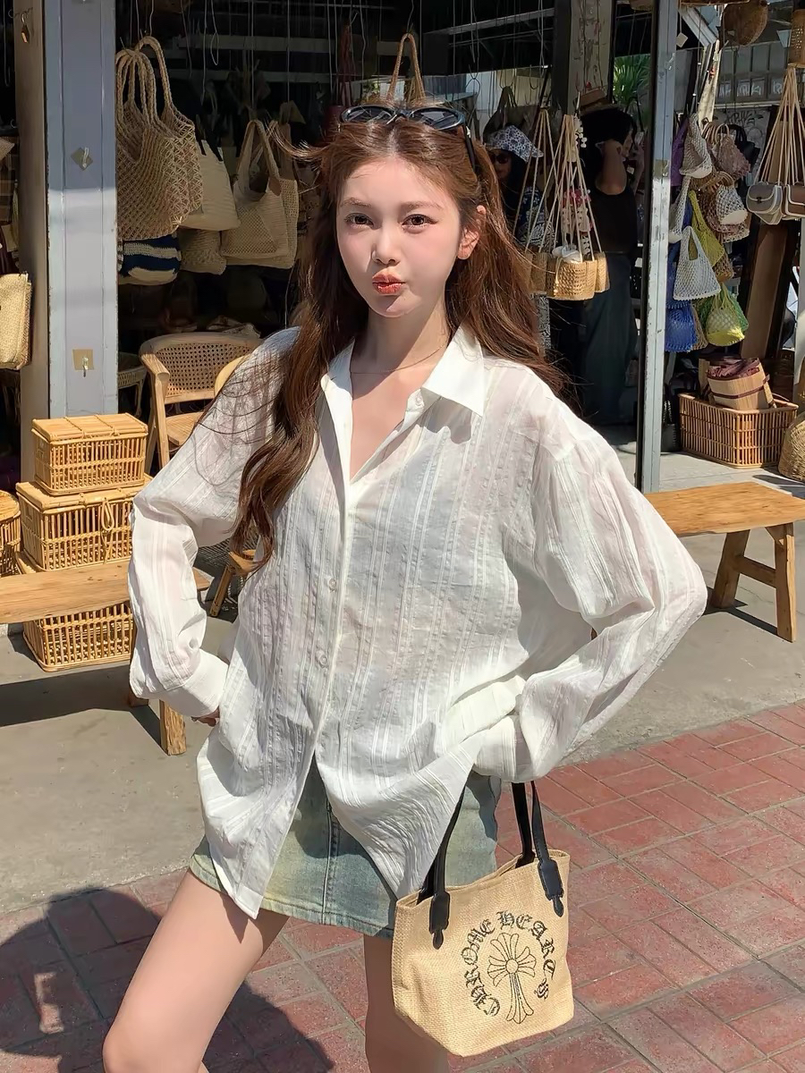 자외선 차단 의류 여성 2026 새로운 스트라이프 셔츠 재킷 여름 긴팔 느긋한 바람 마이크로 ~을 통해 자외선 차단 셔츠 맨위 트렌디