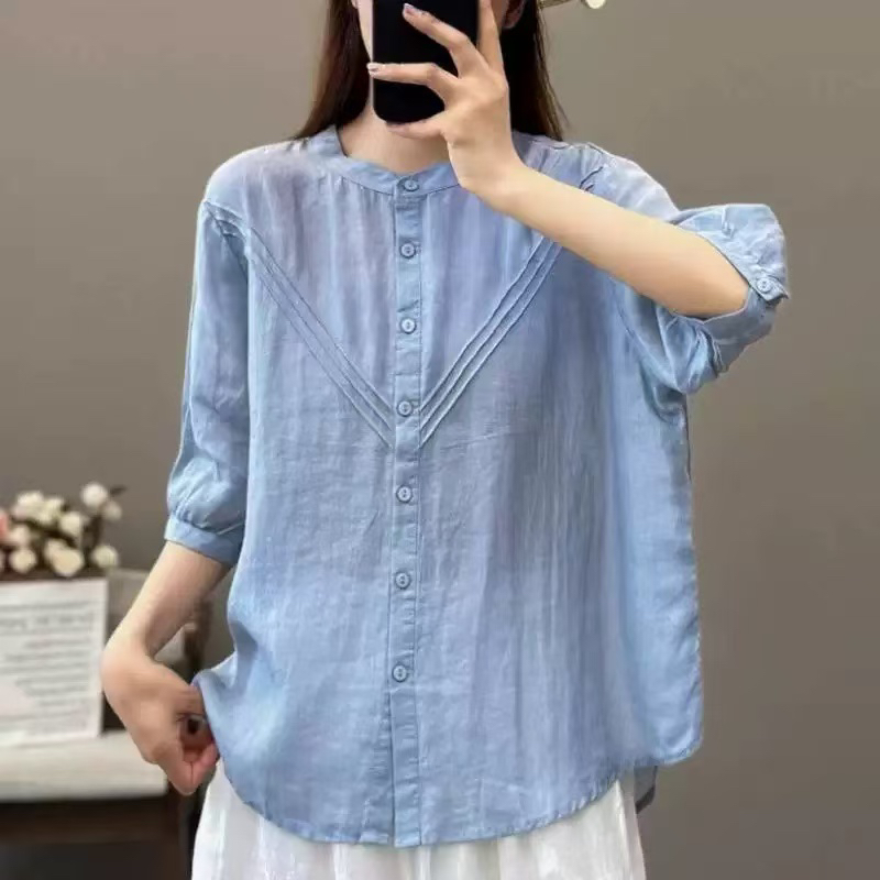 얇은 스타일 하늘색 긍정적 인 어깨 반팔 여성 셔츠 2026 여름 새로운 빅 사이즈 지방 mm 표지 배 작은 셔츠 인형 셔츠 맨위