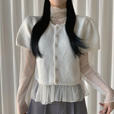 批发26 早春推荐 百搭<b class='q'>波点</b>打底衫 立体提花点点刺绣 荷叶边网纱<b class='q'>衬衫</b>