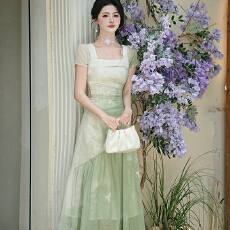 批发实拍 法式渐变清冷感绝美绿色连衣裙