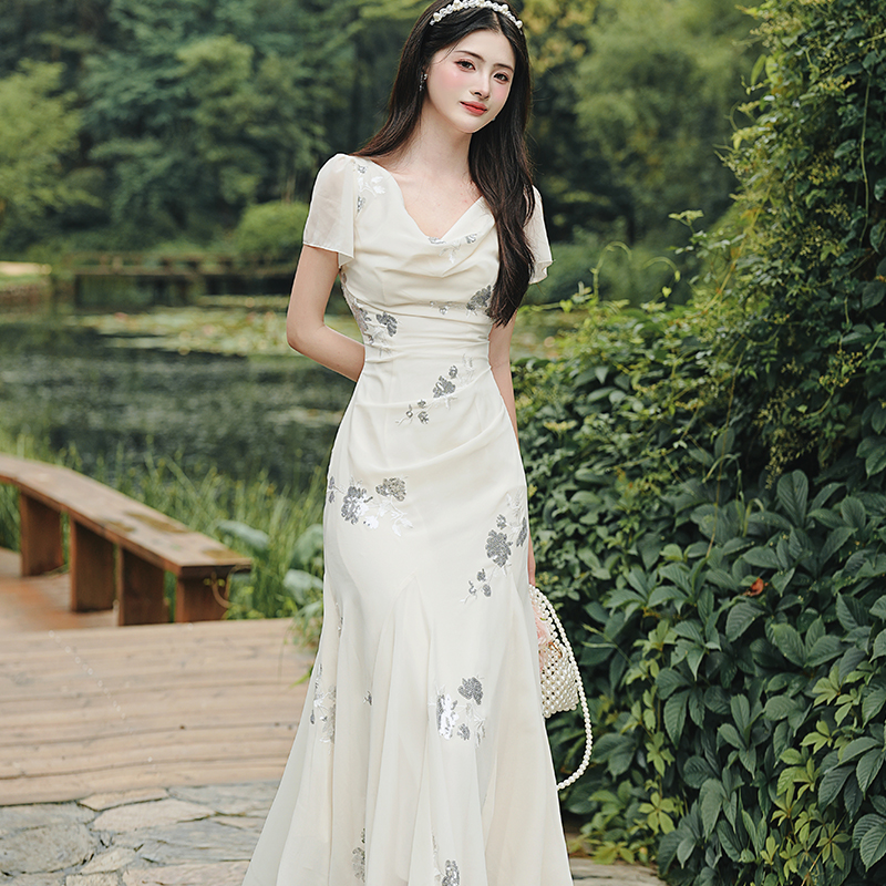 RY2029# 实拍  白月光法式重工刺绣荡领鱼尾连衣裙 上架+40