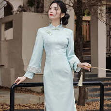批发 新中式秋冬款加绒修身长袖蓝色国风连衣裙女 上架+40