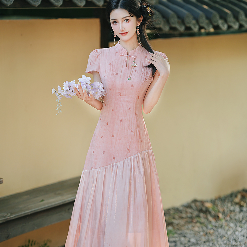 RY2022# 实拍 新中式晕染爱心刺绣旗袍假两件连衣裙