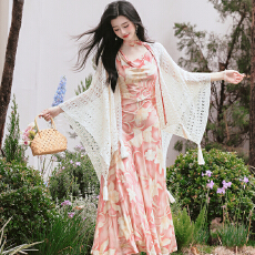 批发实拍 荡领吊带连衣裙女法式度假风网纱花朵长裙