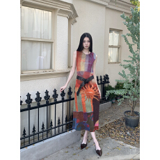 批发高工艺压褶复古印花褶皱<b class='q'>连衣裙</b>送腰带