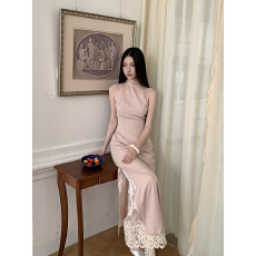 批发新中式无袖立领旗袍蕾丝粉色<b class='q'>连衣裙</b>修身收腰长裙子