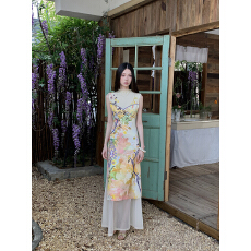 批发嫩黄晕染新中式旗袍<b class='q'>连衣裙</b>女无袖水墨印花裙