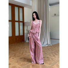 批发红格子蕾丝吊带背心套<b class='q'>装</b><b class='q'>女</b>设计感格纹宽松裤子两件套