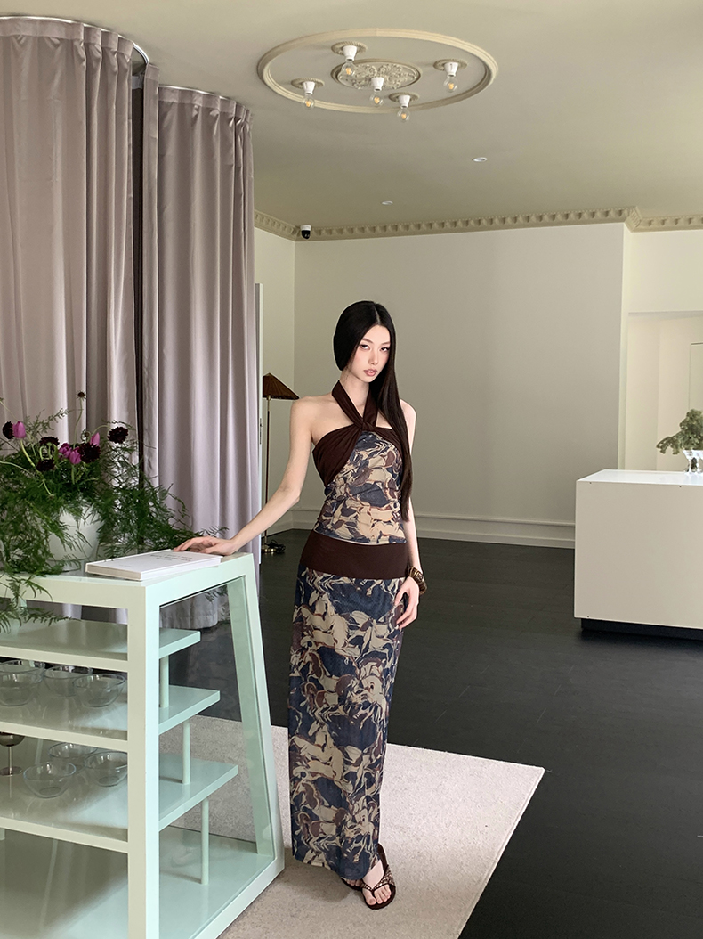 홀치기 염색 프린트 행침 목 조끼 여성 여름 타이트 스커트 반신 롱 스커트 세트