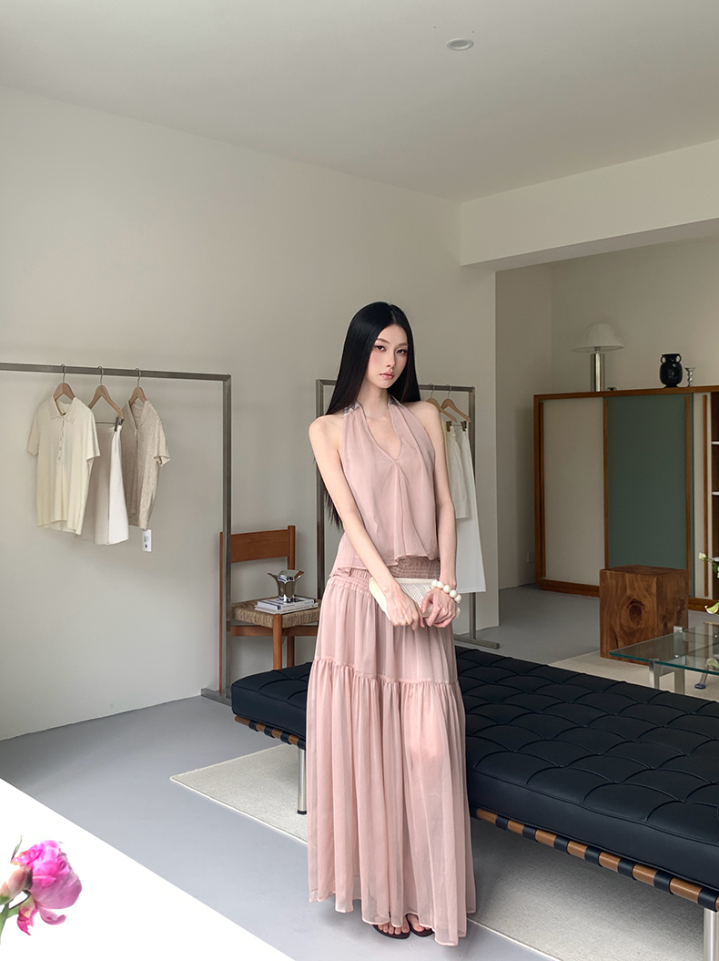 낭만주의 V넥 행침 목 백리스 수 있습니다. 조정 레이스업 맨위 핀치 Pleat 반 스커트 세트