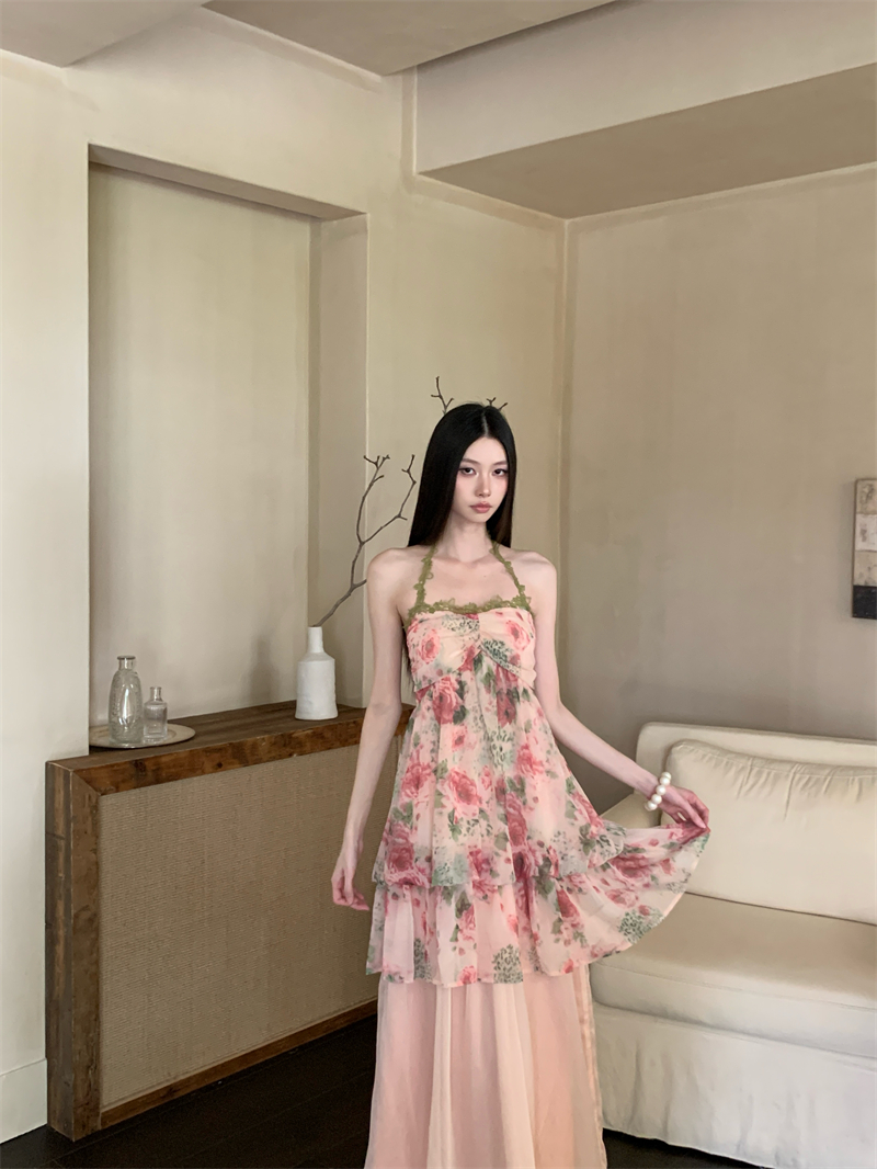 체리 배 꽃무늬 레이스 행침 목 슬립 맨위 드레스 둘 착용 진자 반신 스커트