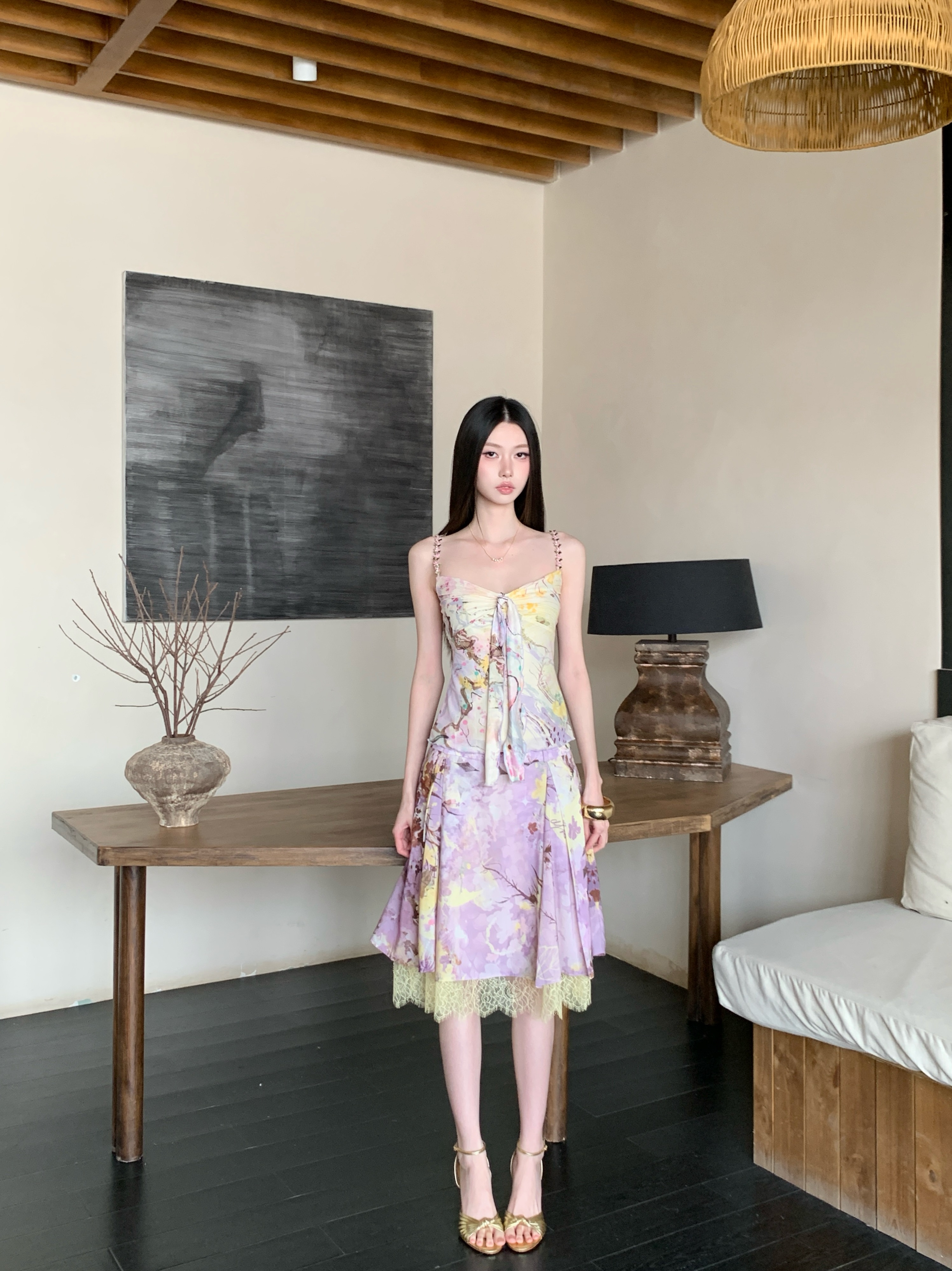 RY7894# “一曲藤萝”新中式印花吊带半裙套装度假感辣妹两件套