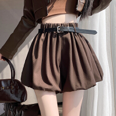 批发2025秋新款配腰带<b class='q'>高腰</b>咖色花苞<b class='q'>短裤</b>女韩版减龄休闲半身裙