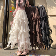 批发实拍不规则网纱蛋糕裙女春季木耳边a字绝美仙女蓬蓬半身长裙