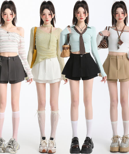 실사 미니 스커트 여성 2026 조기 가을 새로운 한국 스타일 ins 홍콩 느낌 레트로 미니멀리즘 포즈 하이웨이스트 한 마디 반바지