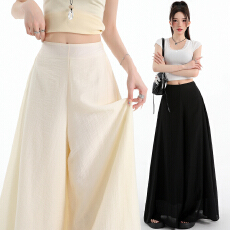 批发实拍雪纺阔腿裤女九分夏薄款宽松裤子杏色长裤直筒垂感高腰<b class='q'>休闲裤</b>