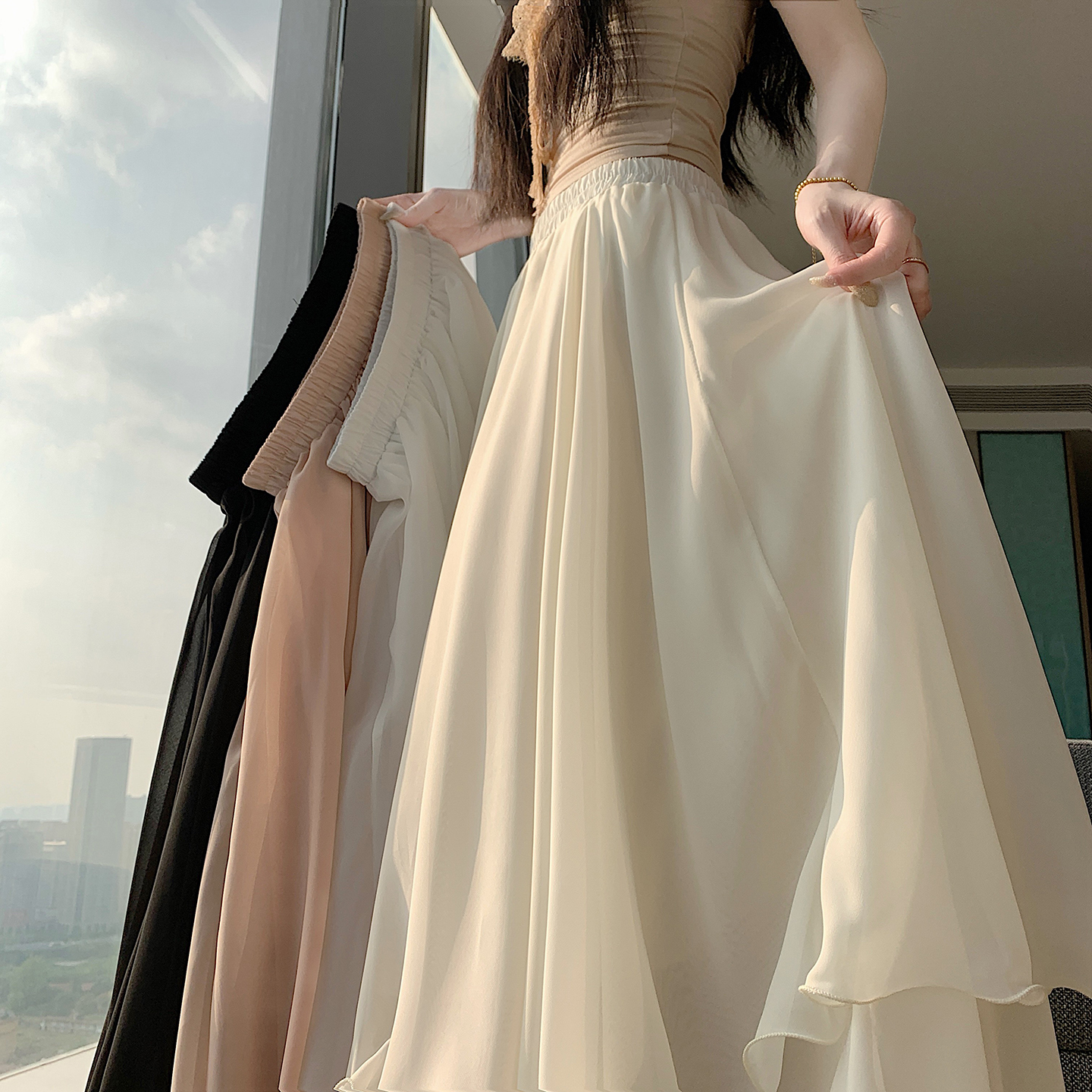 화이트 불규칙 쉬폰 반신 스커트 여성 여름 얇은 스타일 작은 키 하이웨이스트 한 마디 중간 길이 우산 치마