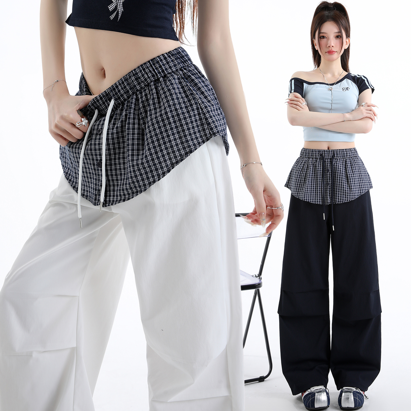 실사 엉덩이 커튼 다용도 하이웨이스트 화이트 캐주얼 바지 여성 2026 여름 디자인 센스 체크무늬 루즈핏 와이드 레그 팬츠 어린이