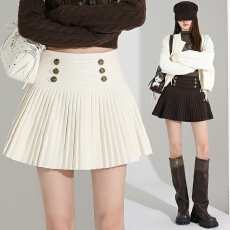 批发实拍金属扣毛呢百褶半身裙女秋冬季高腰蓬感<b class='q'>显瘦</b>韩版A字百褶短裙