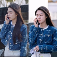 批发骄阳似我赵今麦聂曦光同款复古立体蝴蝶结印花牛仔短外套潮