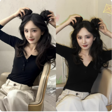 批发杨幂同款黑色V领长袖<b class='q'>T</b><b class='q'>恤</b>女时尚风修身显瘦设计感纽扣上衣潮