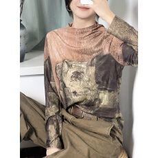 批发实拍2025秋冬时尚洋气高弹网纱长袖印花半高领百搭上衣小衫女装