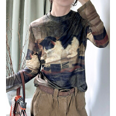 批发实拍2025秋冬时尚洋气高弹网纱长袖印花半高领圆领上衣小衫女装