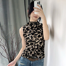 批发2025春装新款豹纹无袖立领背心女 植绒质感修身显瘦内搭外穿上衣