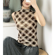 批发2025新款印花格纹无袖T恤半高领背心女植绒质感修身显瘦内搭外穿