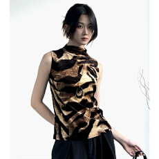 批发2025春装新款豹纹无袖立领背心女 植绒质感修身显瘦内搭外穿上衣