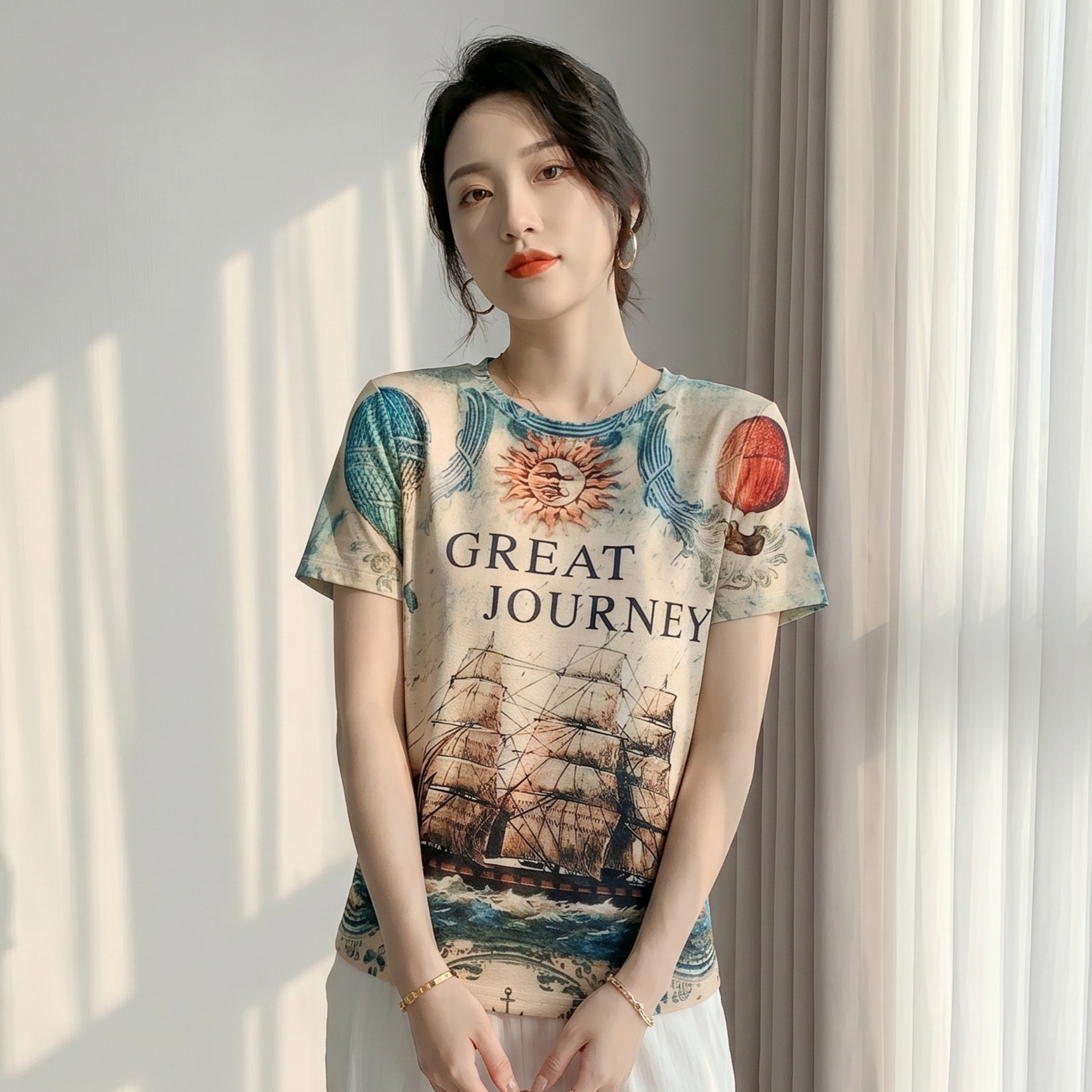 유럽 상품 2026 여름 드레스 새로운 패션 포지셔닝 해상 바람 프린트 반팔 티셔츠 기본 셔츠 몸매 가꾸기 맨위 여성