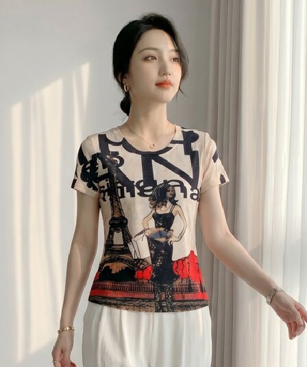 유럽 상품 2026 여름 드레스 새로운 패션 포지셔닝 만화 프린트 반팔 티셔츠 기본 셔츠 몸매 가꾸기 맨위 여성 작은 셔츠