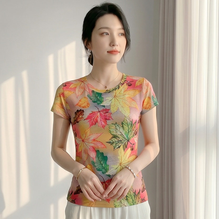유럽 상품 2026 여름 드레스 새로운 패션 포지셔닝 메이플 리프 프린트 반팔 티셔츠 기본 셔츠 몸매 가꾸기 맨위 여성