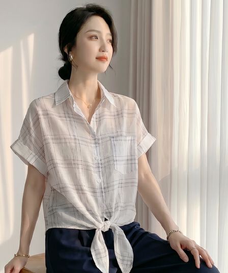 유럽 상품 2026 여름 새로운 패션 프린트 격자 무늬 셔츠 여성용 짧은 소매 셔츠 루즈핏 다용도 출퇴근 맨위