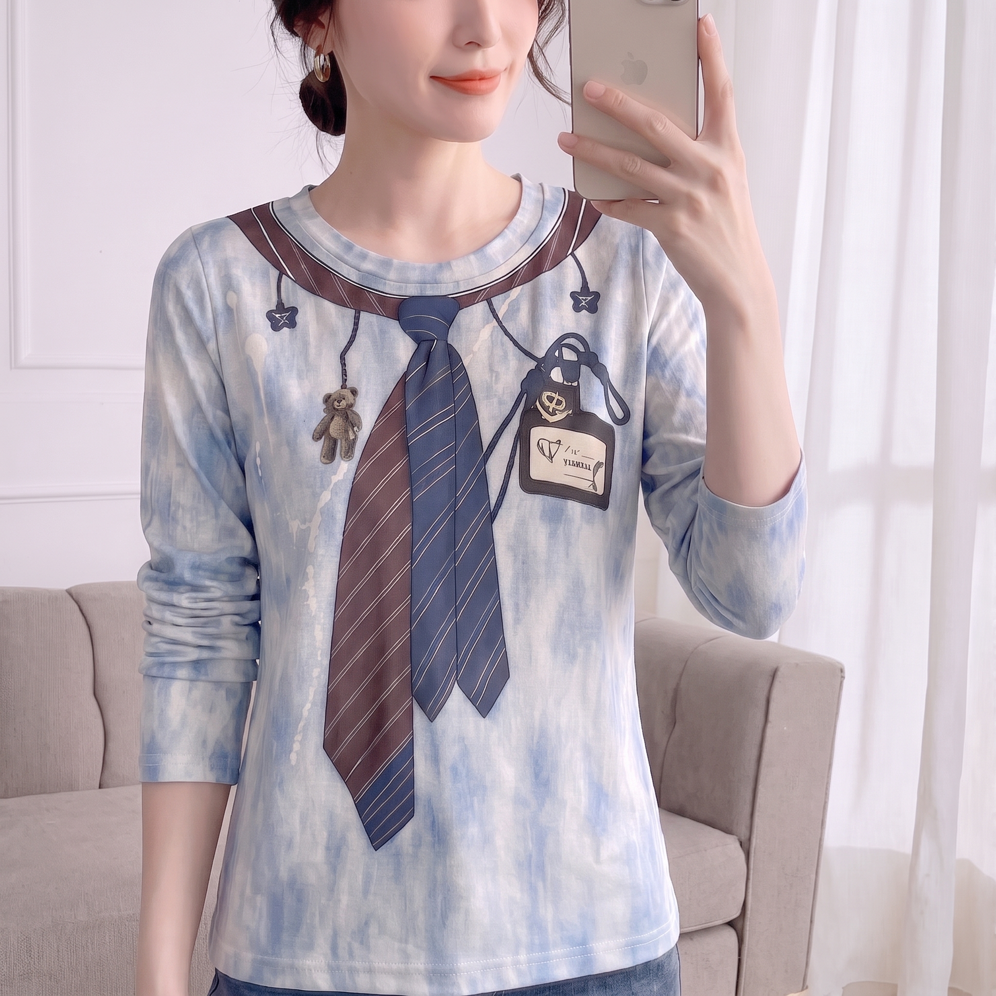 BY32543# 秋季新款时尚扎染假两件领带印花长袖T恤女修身显瘦打底上衣 服裝批發女裝批發服飾貨源