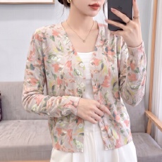 2026秋冬新款时尚V领针织开衫高品质定位印花宽松长袖毛衣外套女