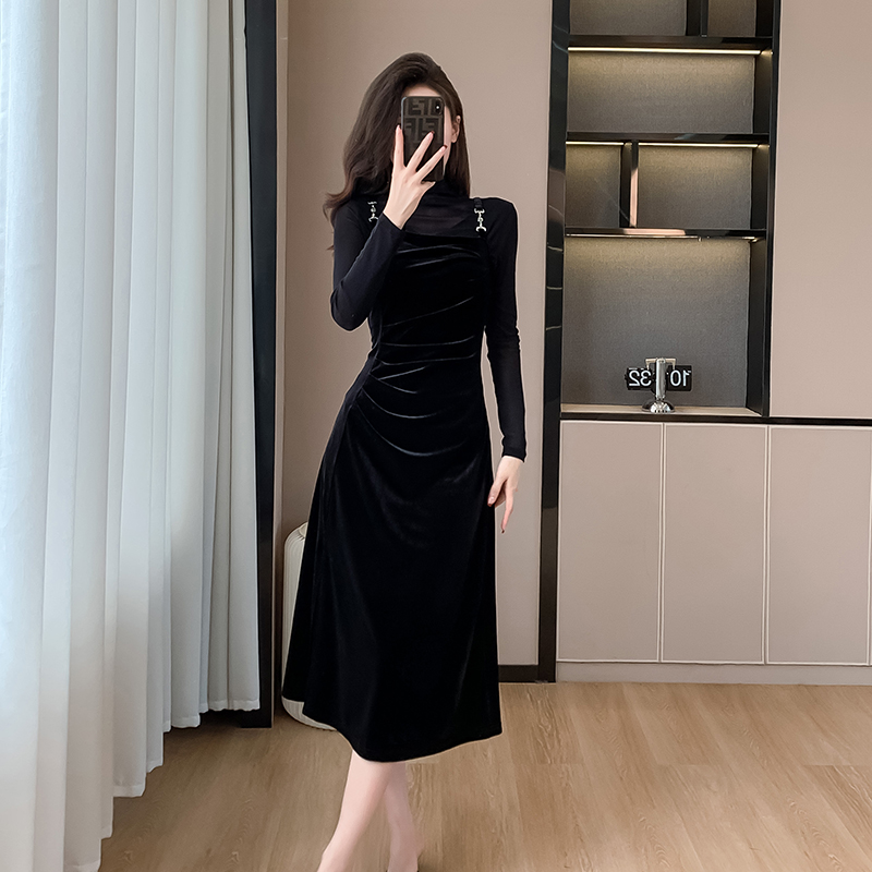 검정색 금사 벨벳 슬립 드레스 여성 봄 드레스 투피스 세트 2026 새로운 고급 센스 몸매 가꾸기 바지 스커트