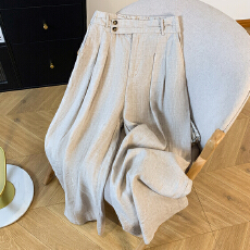 批发实拍春季新品<b class='q'>文艺</b><b class='q'>范</b>亚麻阔腿裤女松紧腰两粒扣压褶宽松显瘦休闲裤