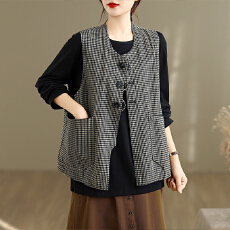 批发实拍日系复古时尚双面穿格子马甲开衫女秋季设计感叠穿背心马夹