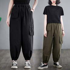 批发实拍春夏新款松紧腰纯色立体口袋宽松显瘦百搭纯棉<b class='q'>韩版</b><b class='q'>哈伦裤</b>