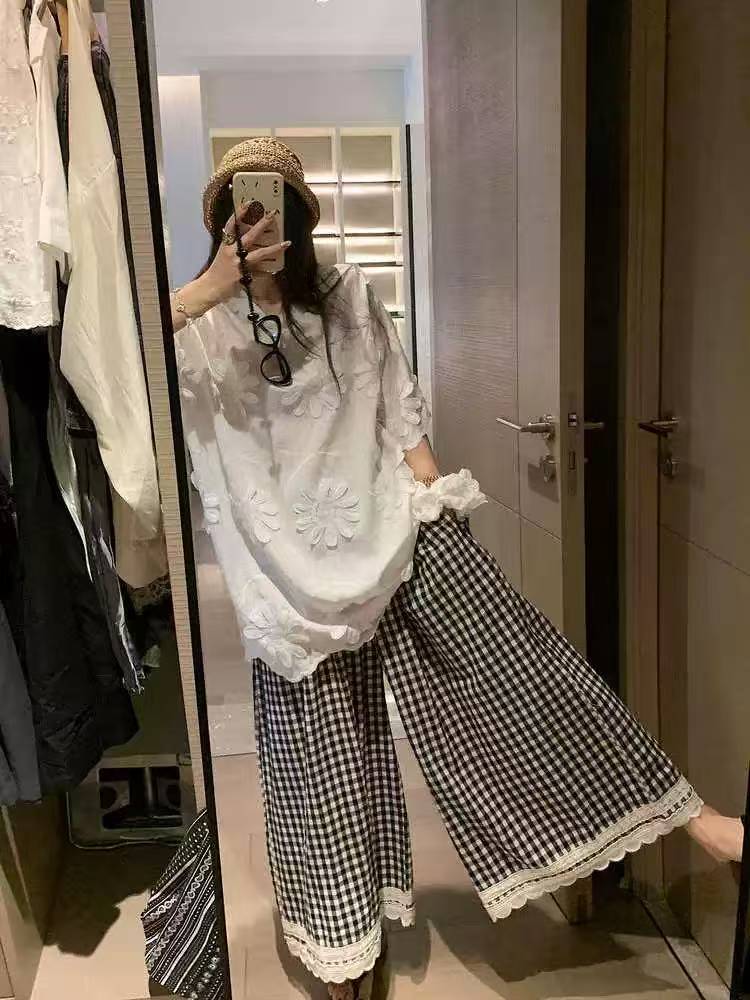 흑인과 백인 체크무늬 와이드 레깅스 바지 봄 새로운 루즈핏 슬림해 보이는 다용도 캐주얼 바지 하이웨이스트 도루 센스 스트레이트 팬츠
