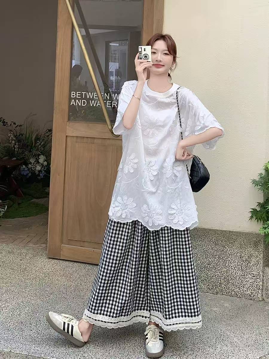 2026 여름 새로운 루즈핏 레이스 흑인과 백인 체크무늬 와이드 레그 팬츠 슬림해 보이는 다용도 캐주얼 하이웨이스트 도루 센스 스트레이트 팬츠