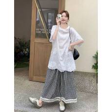 批发2026夏季新款宽松蕾丝黑白格子阔腿裤显瘦<b class='q'>百搭</b>休闲高腰垂感直筒裤