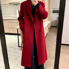 批发红色毛呢大衣女中长款2026秋冬新款韩系高级感正肩双排扣呢子大衣