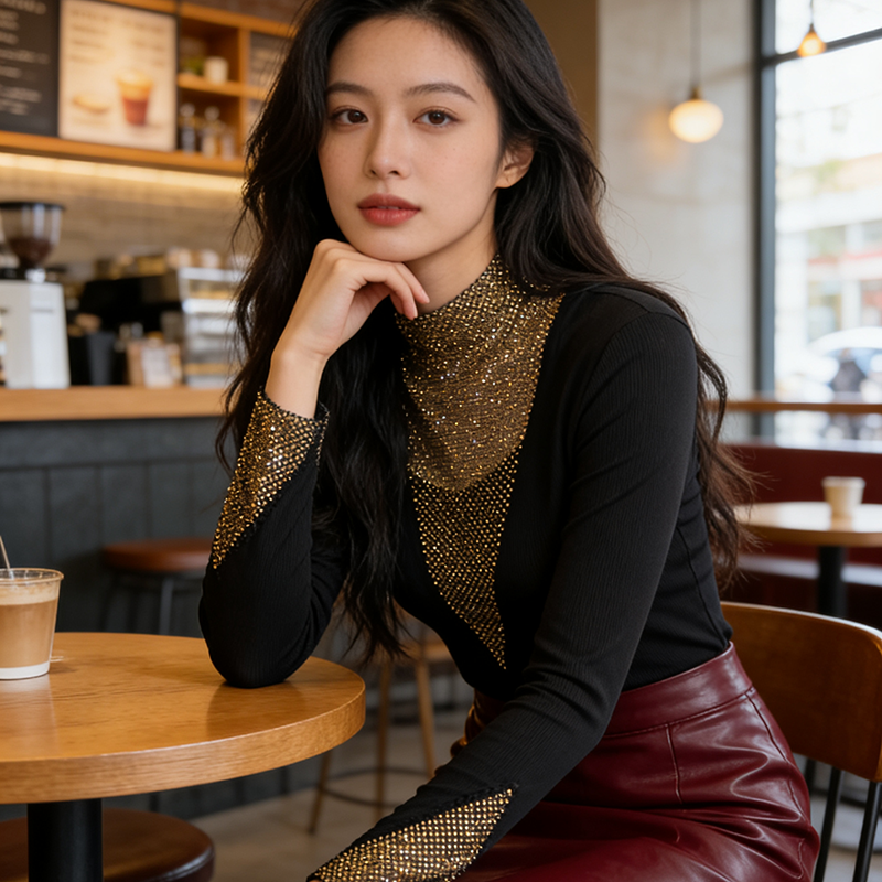 봄 새로운 Chic V넥 다이아몬드 세팅 디자인 센스 빛 럭셔리 긴팔 티셔츠 몸매 가꾸기 슬림해 보이는 여성 셔츠 패션 작은 셔츠